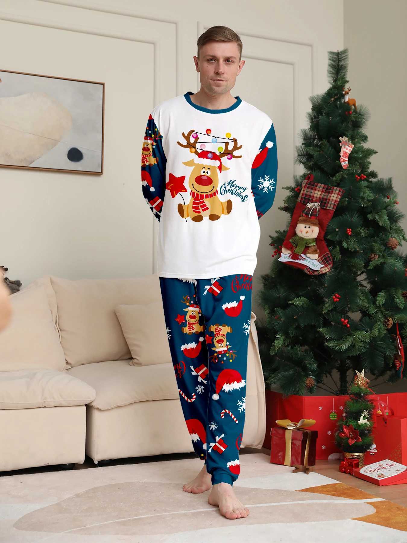 Christmas Family Pajamas Matching White Navy Set with Reindeer Lights Prints L25102134WD