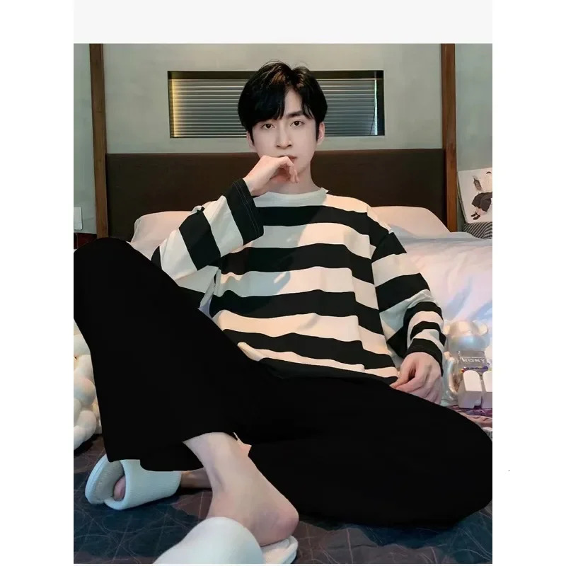 Striped Plus Size Men Pajamas Summer Long Sleeve Casual Sports Loose Black Round Neck TShirt and Long Pants TwoPiece Set 251021