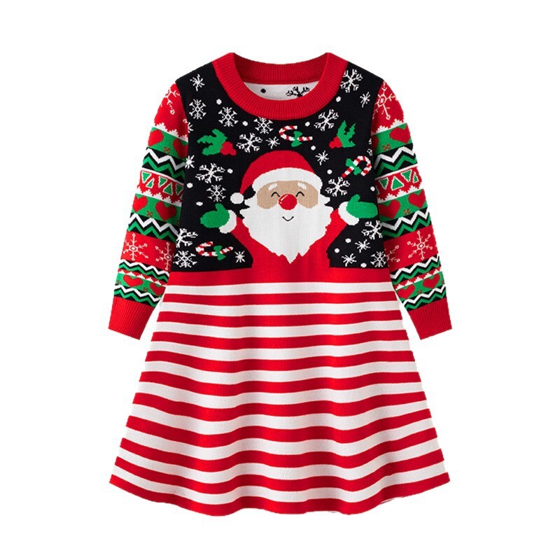 New European and American Children s Santa Claus Cartoon Striped Knitted Sweater Dress Foreign Trade Girls Autumn Dress