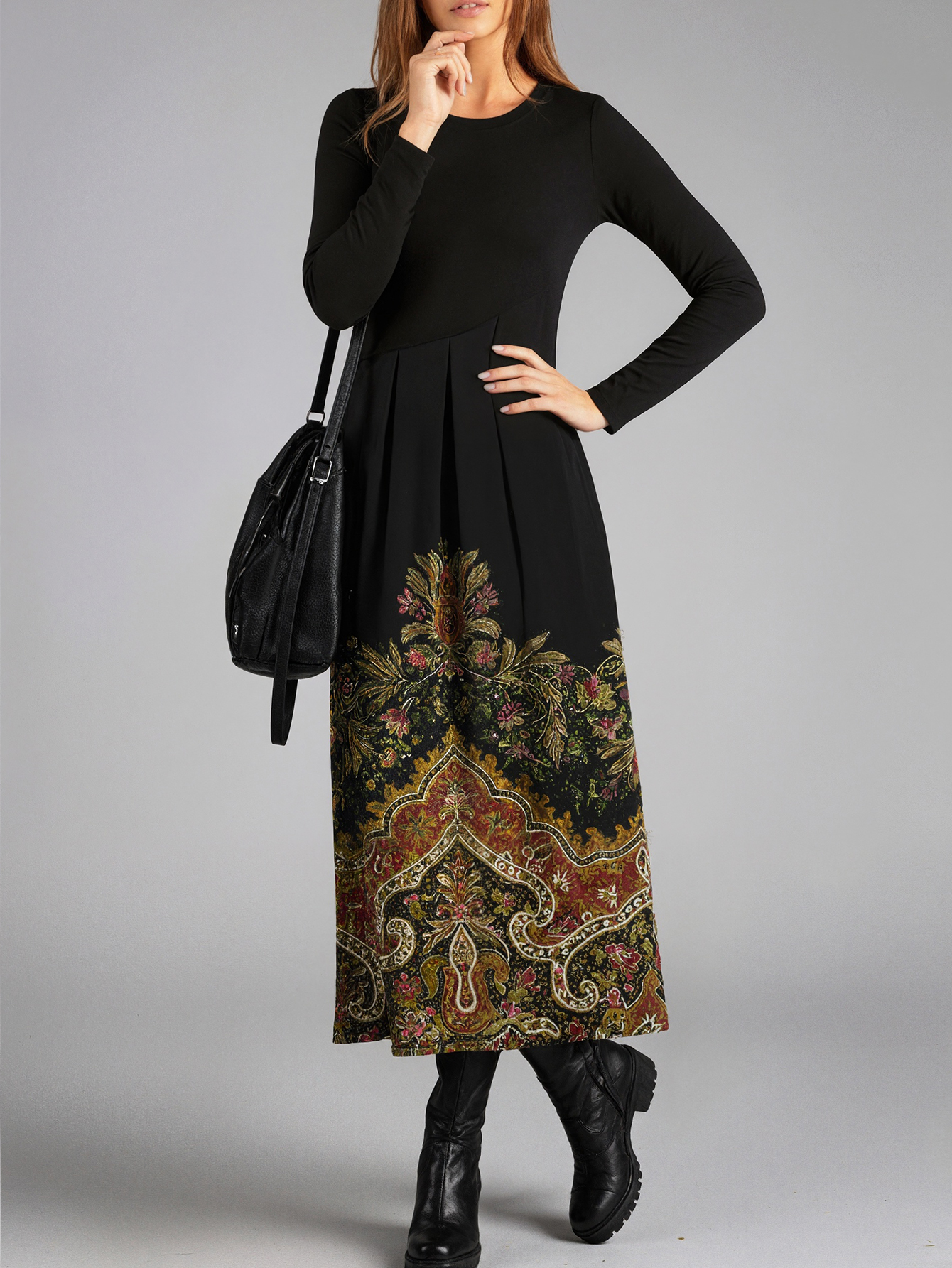 Women's Autumn & Winter Retro Floral Printed Long Sleeve Dress, Milk Silk Fashion Commute Versatile Elegant Straight Dress-CF56274