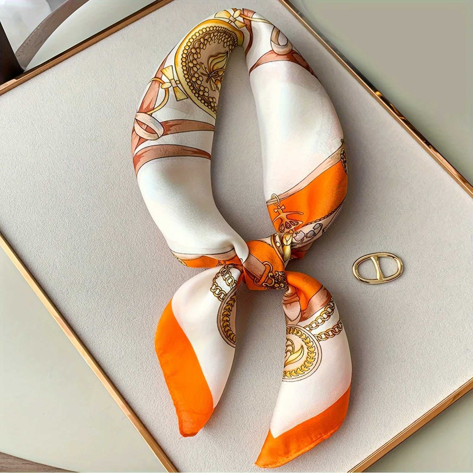 Orange Navy Blue Printed Square Scarf Thin Breathable Sunscreen Shawl Casual Outdoor Windproof Head Wrap For Women W251021