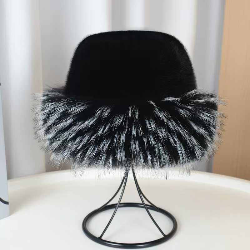 New Flat Top Hat Plush Hat Autumn Winter Thickened Warm Faux Mink Raccoon Fur Colorful Fur Tip H251020