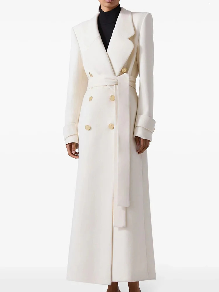 Winter Warm Women Woolen Coat Fashion White TurnDown Collar Long Wool Coat With Belt 251017