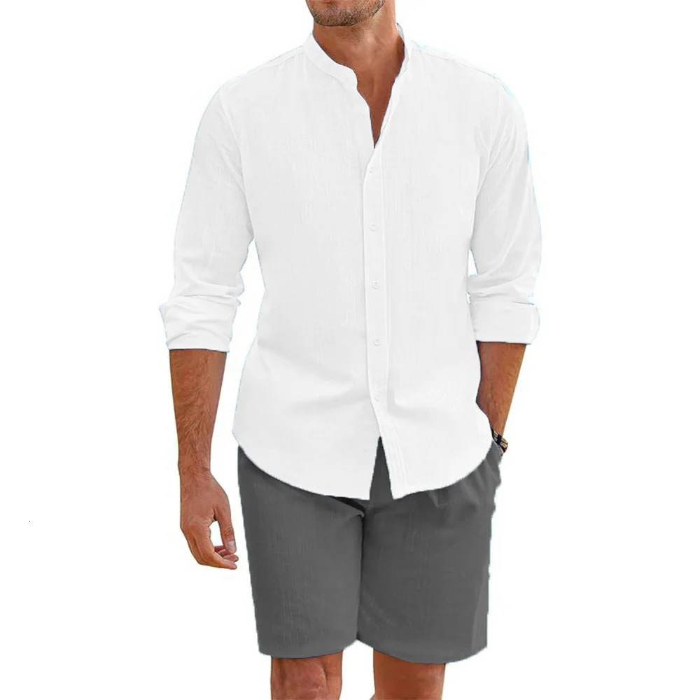 2 pcs Sets Mens Summer Cotton Linen Shirt and Shorts Cardigan Simple Casual Beach Shirts Comfortable Hawaii Wear 251021