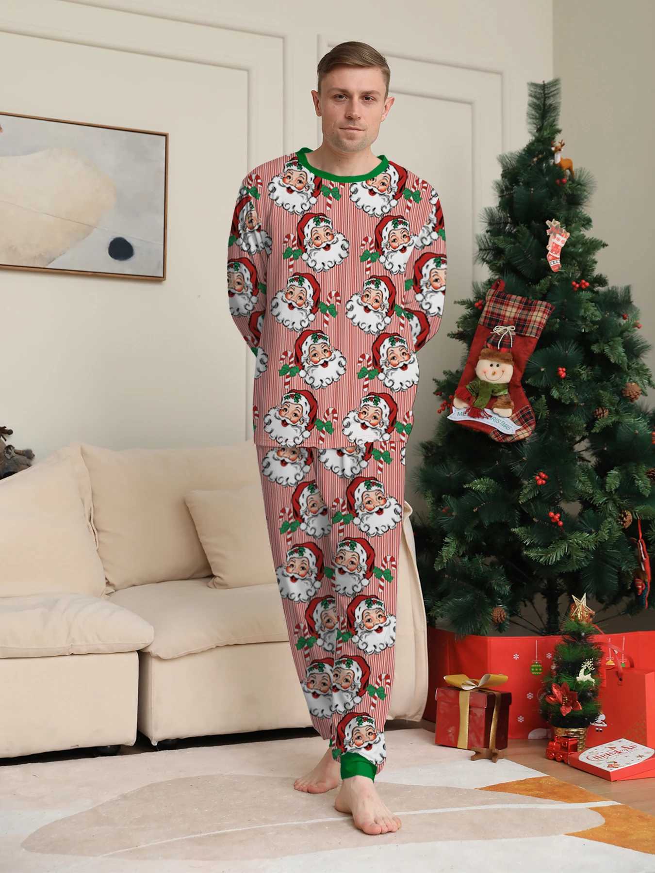 Parent Child Christmas Pajamas Set Pink White Stripe Santa Claus Green Trim Prints L251021LGBL
