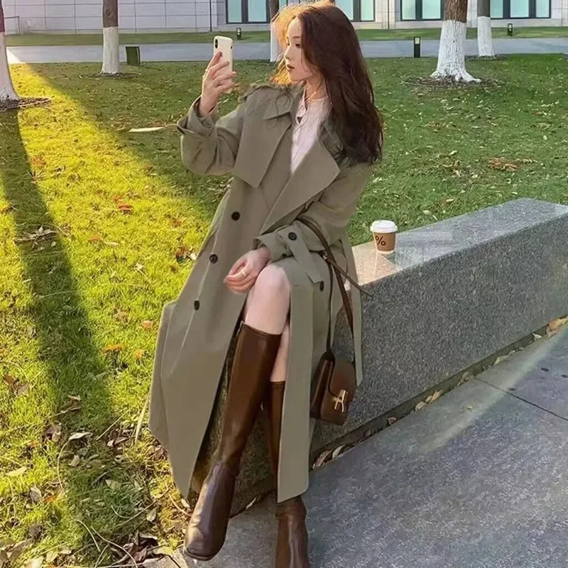 Streetwear Loose Trench Coat Midi Length Fashion Korean Elegant Khaki Black Womens Windbreaker Coat Casual Double Breasted Tops 251021