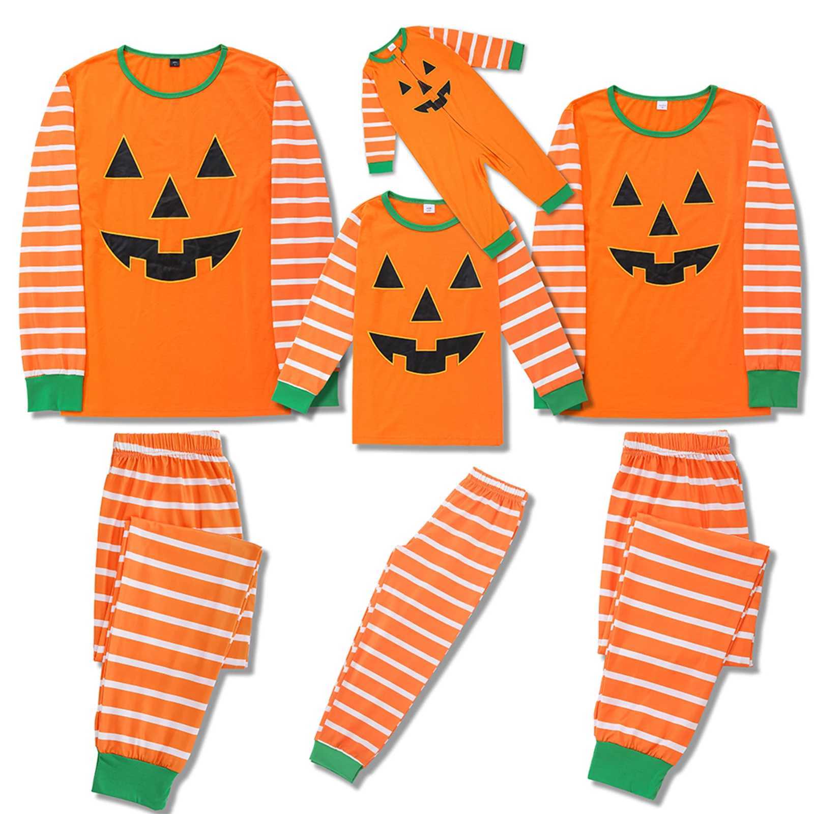 Family Matching Pajamas Set Halloween Stripe Pumpkin Print Round Neck Long Sleeve Tops Long Pants for Parents Kids L251021A5T9