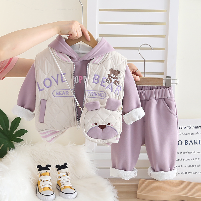 Chic Girls 3-Piece Outfit 2025, Winter Set Includes Quilted Coat Vest and Crossbody Bag, Stylish Clothing for Toddlers