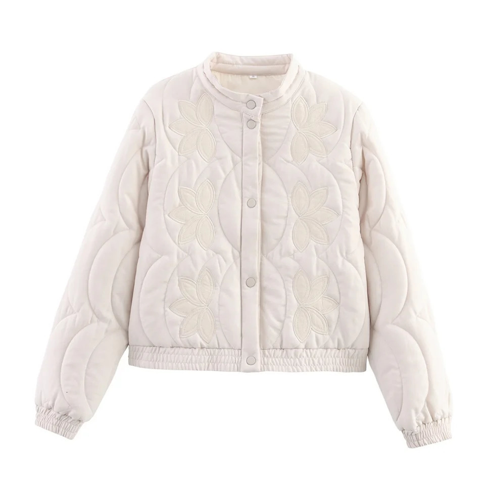Autumn Women Quilted Crop Coat Floral Embroidery Single Breasted Short Jacket Winter Warm Vintage Long Sleeve Outerwear 251021
