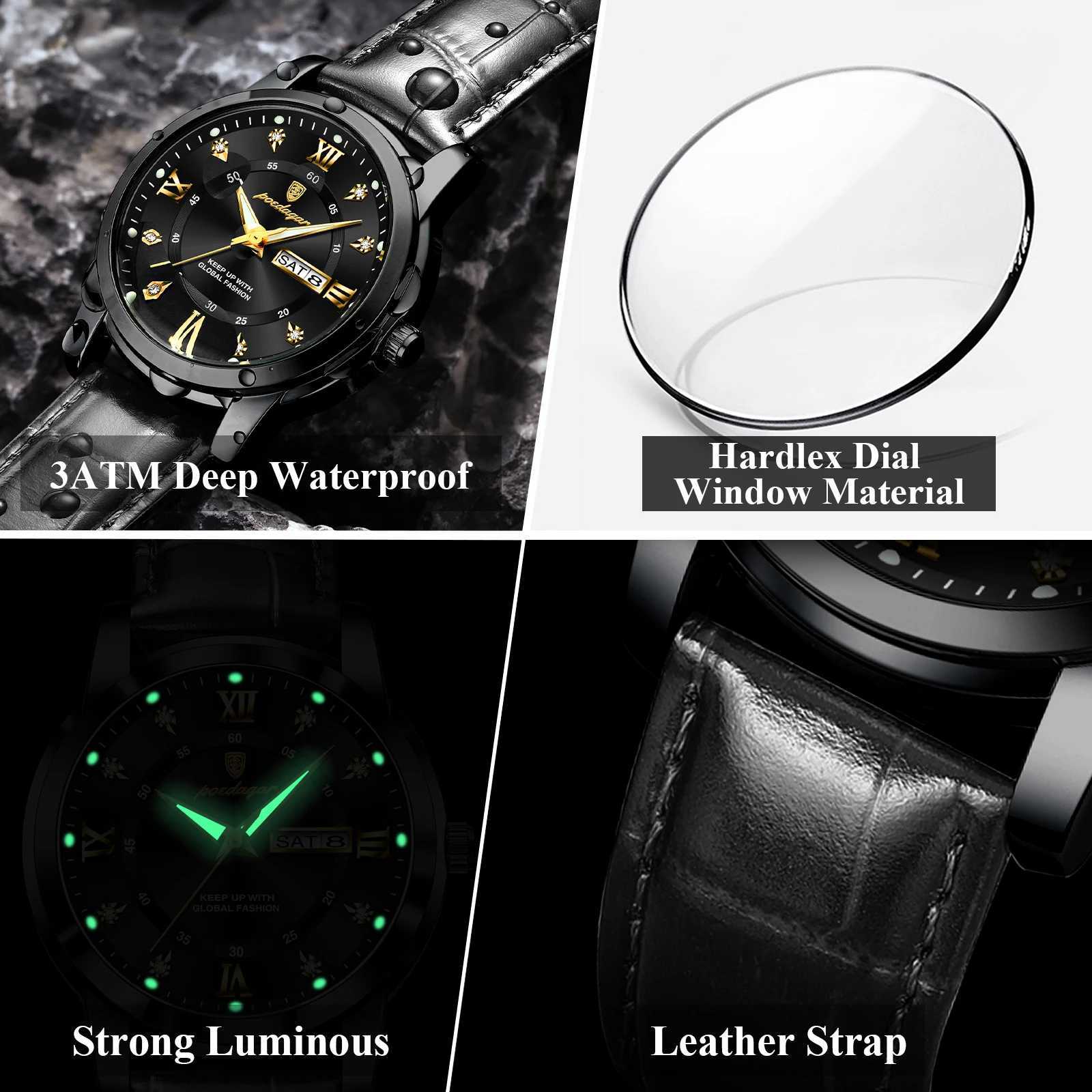 POEDAGAR Luxury Brand Male Clock Waterproof Luminous Leather Busin For Man Date Week Fashion Mens Quartz es RelojXJ251021