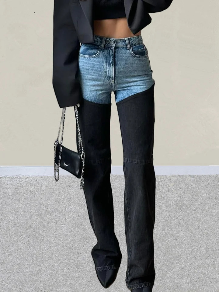 Trashy Y2K 2000S Washed Blue Black Patchwork Slim Stretch Jeans Pants For Women Clothing Casual Lady Denim Trousers Ropa Mujer 251020