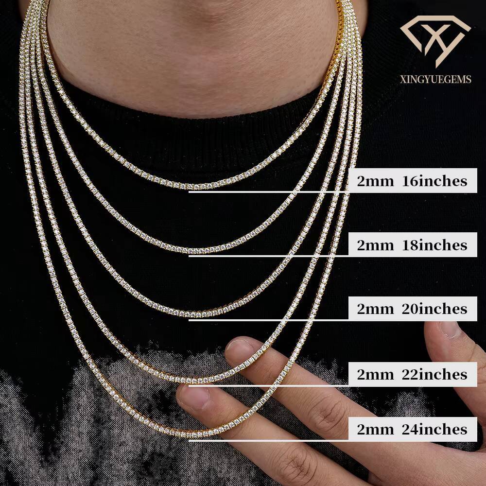 Hiphop Buckle Jewelry Lady Gold Plated 2024 925 Sterling Silver Round Shape 2mm Mossanite Moissanite Tennis Necklace for Women