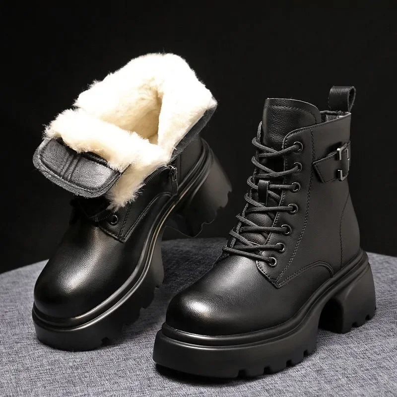 2025 Plush Snow Boots Female Winter Leather Cotton Shoes for Women Thickened Bottom Ladies Ankle Boots Padded Warm Cotton Shoes 251021