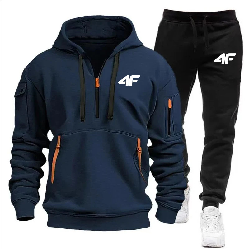 Mens tracksuit zipper hood multipocket and protective pants casual jogging tracksuit fallwinter 2piece setLarge size S3XL 251021