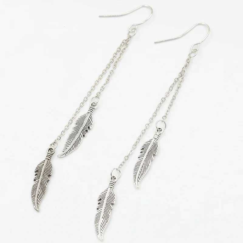 Vintage Feather Tassel Long Dangle Earrings for Women Fashion Silver Color Leaf Metal Drop Earrings Simple Statement Jewelry J251021
