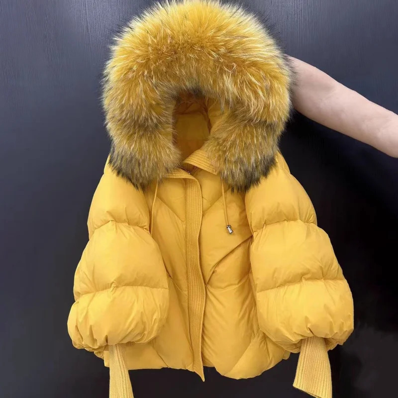 Winter Raccoon Hair Collar Hooded Down Jacket High Quality Womens Fashion Casual Thick Warm Knitted Sleeves Goose Coat 251017