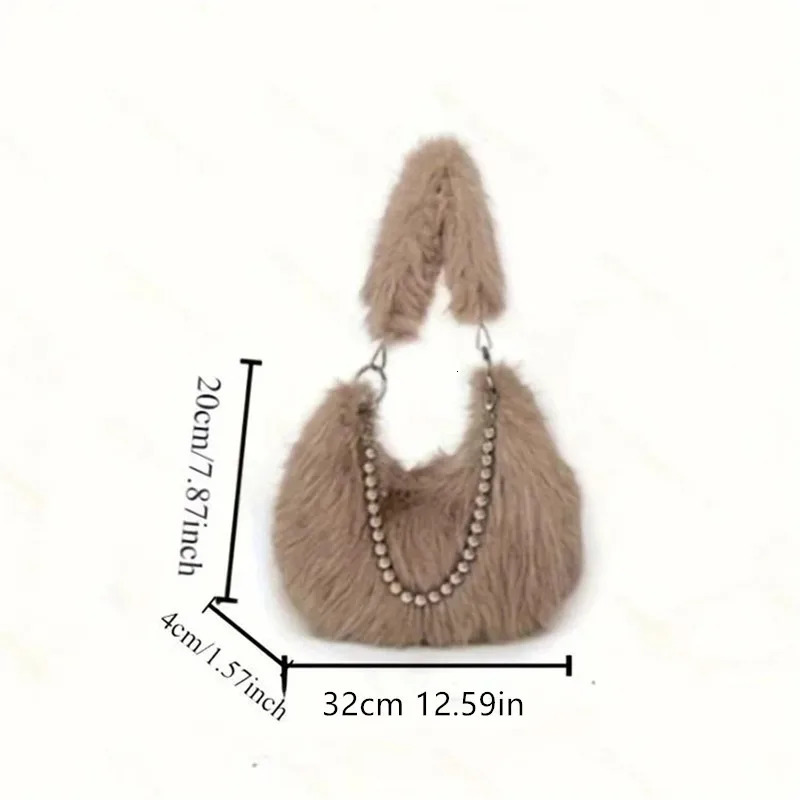 Luxurious Faux Fur Tote Bag Chic Underarm Shoulder Bag Stylish Handbag Purse with Pearl Chain Strap Polyester Lined Interior 251015