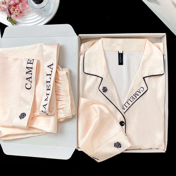 Ice Silk Pajamas for Women, Little Fragrance Style, Camellia, Spring Summer, Elegant High-end Feel, Letter Sleeve and Long Pants Homewear Set