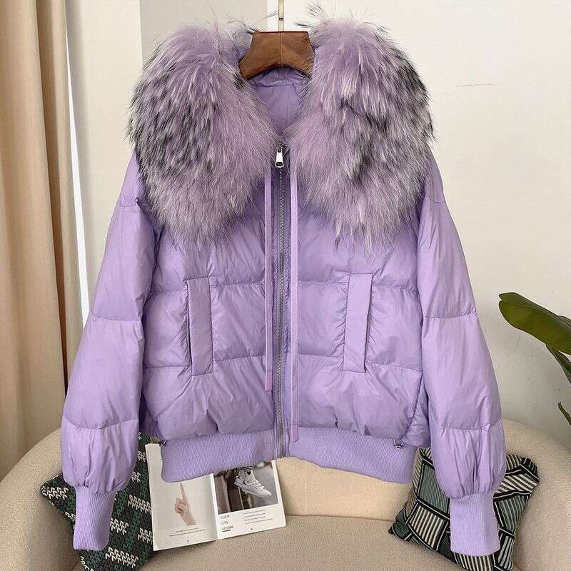 Women Clothing Ready to stock detachable oversized raccoon fur collar winter women short thickened white duck Warm jacket flat coat
