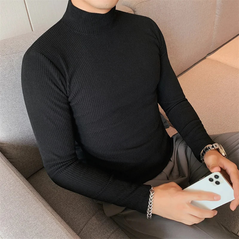 Turtleneck Men Autumn Winter Long Sleeve T Shirt For Clothing Simple Slim Fit Casual Mens Tshirts Striped High Quality 251016