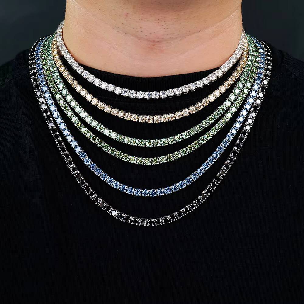 Wholesale Jewelry 925 Sterling Silver 5mm Cluster Vvs Colored Mossanite Moissanite Lab Grown Diamond Tennis Link Necklace Chain