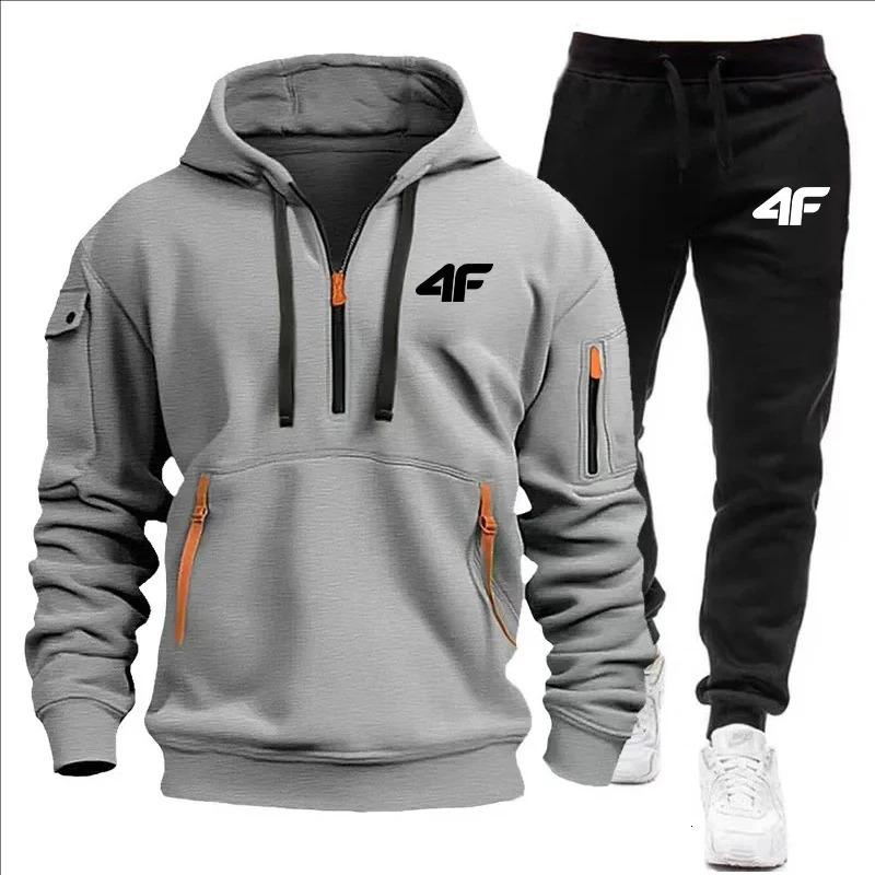 Mens tracksuit zipper hood multipocket and protective pants casual jogging tracksuit fallwinter 2piece setLarge size S3XL 251021