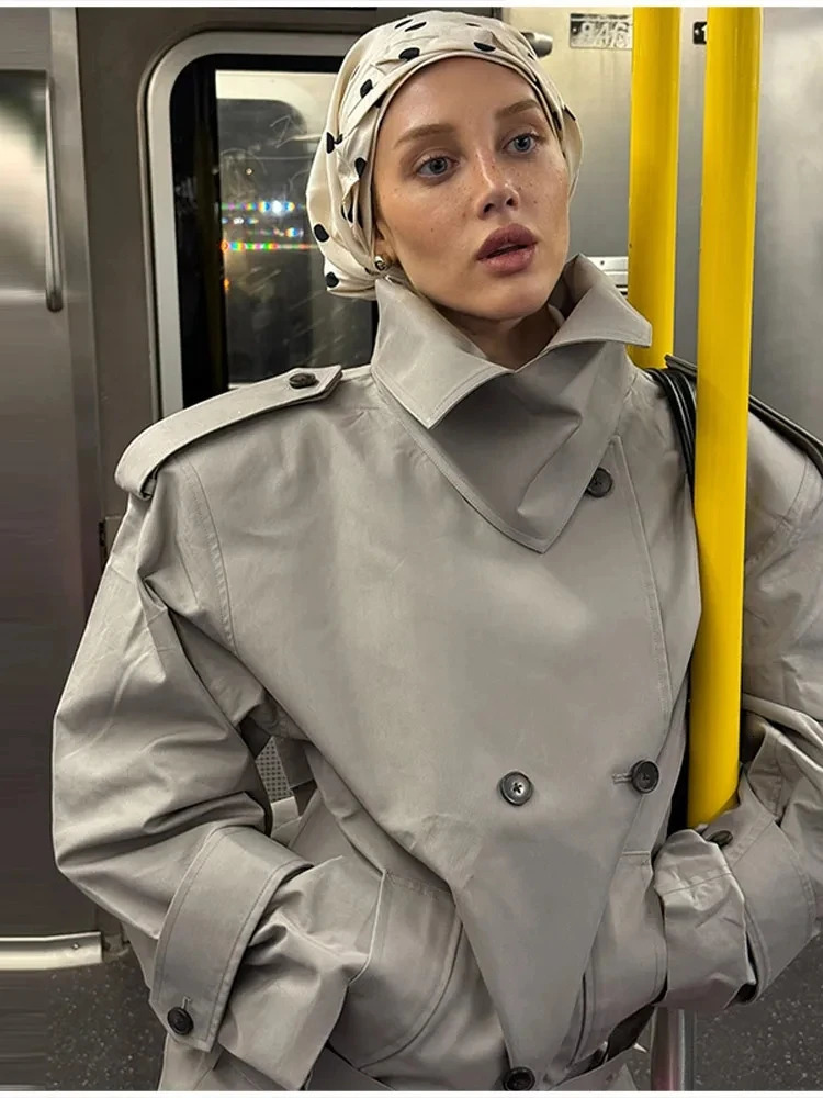 Winter Sexy Lapel Neck Double Breasted Slim Coat With Belt Women Gray Long Sleeve Button Jacket Windbreaker Evening Party 251013