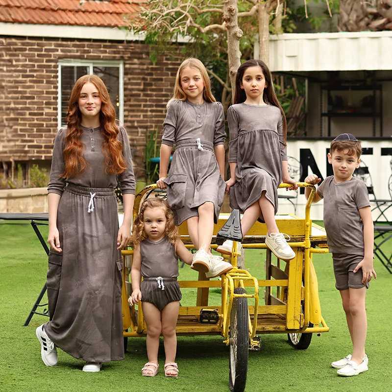 2025 SS ribbed grey melange family matching collection boys girls fashion knitted dress shirt skirt baby set family clothing L251021XD7J