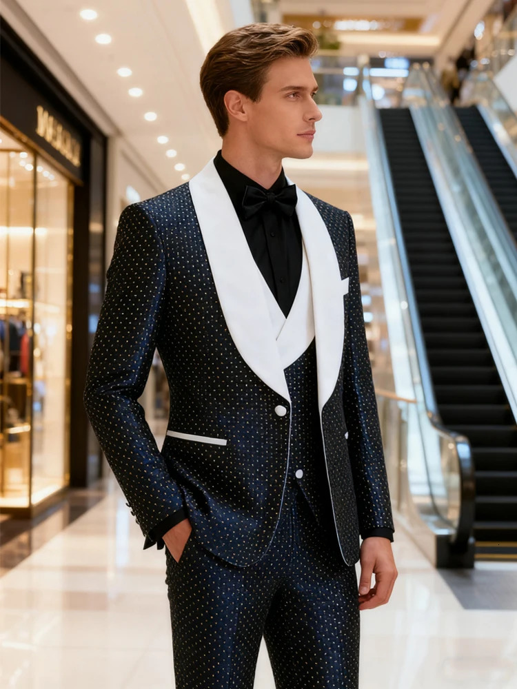 Mens threepiece slimfitting suit set including a tuxedo a singlebutton blazer a vest and stretch waist pants suitable f 251021