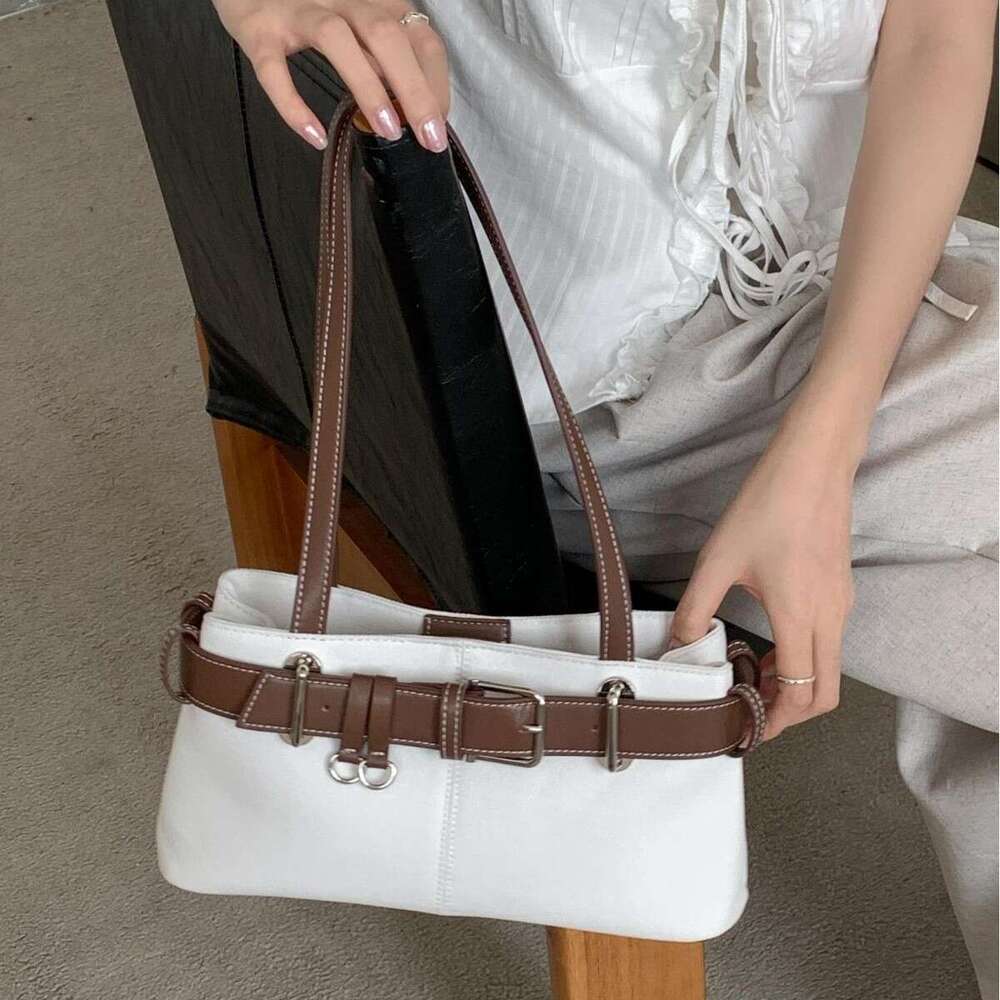 Underarm Canvas Niche PU Leather Belt Patchwork Design Single Shoulder Women Trendy New Small Square Bag B5