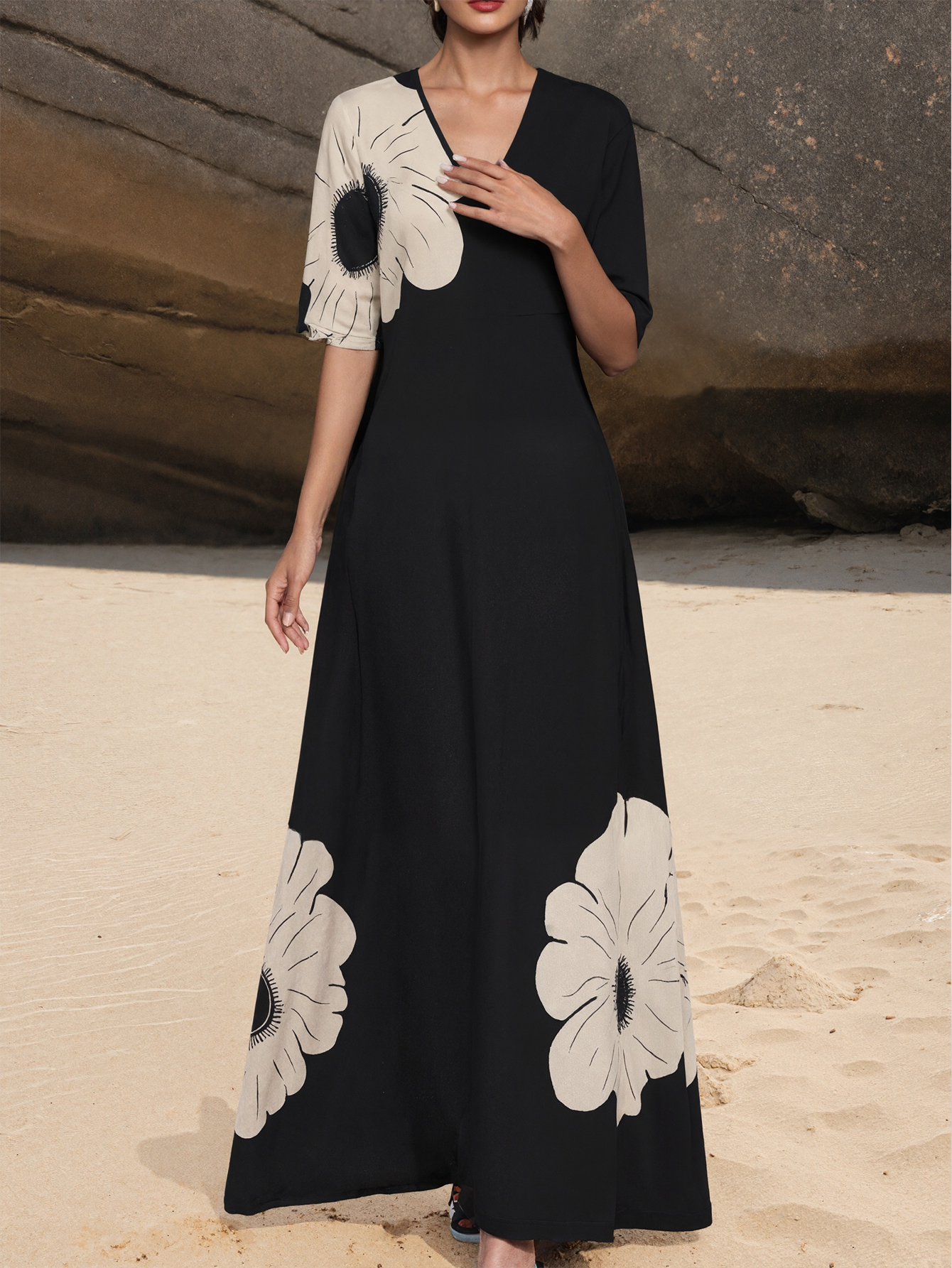 Women's Spring & Summer Elegant Floral Printed Versatile Dress with Pockets, Milk Silk Fashion Midi Dress-CF52596