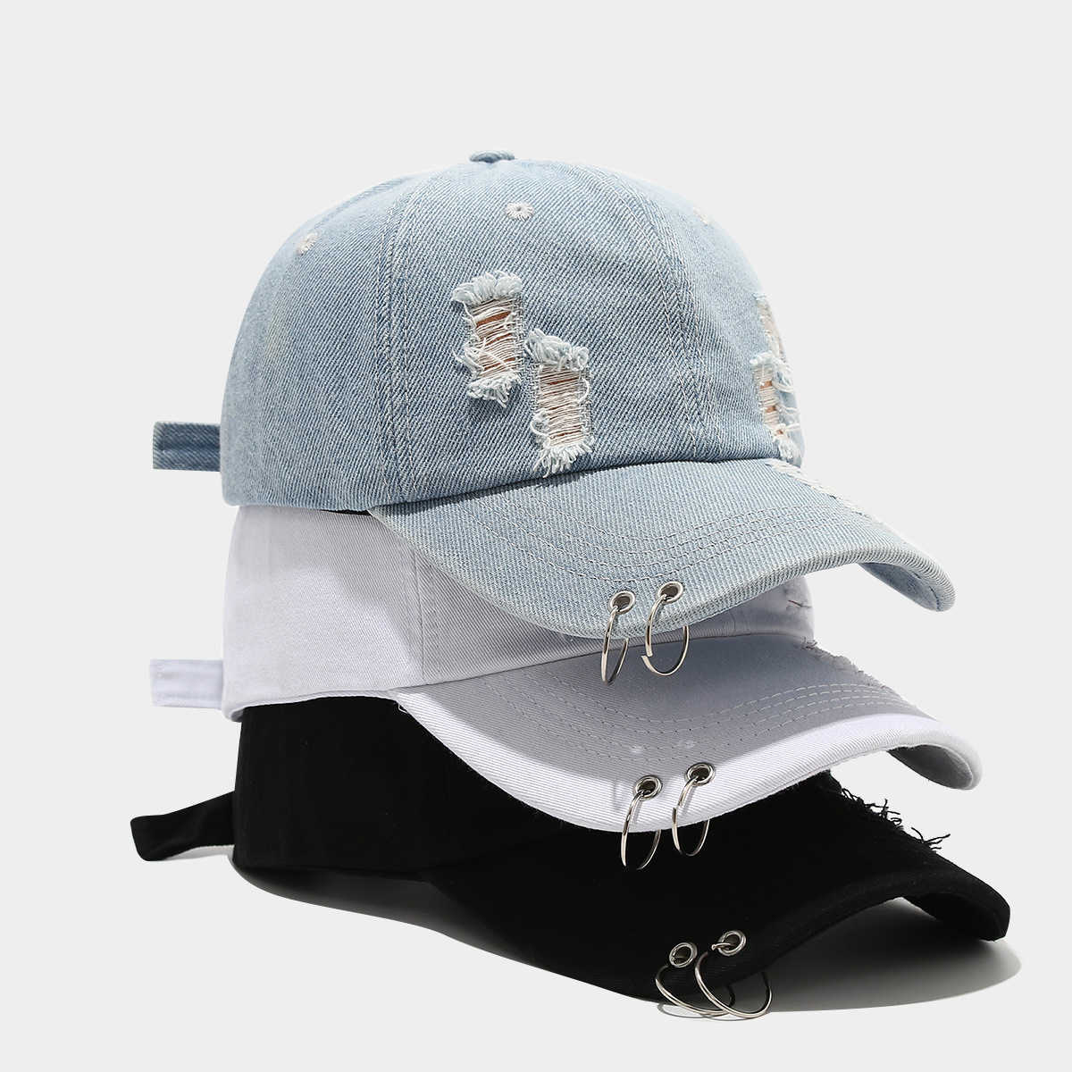 Womens Trendy Ring Denim Ripped Baseball Cap Mens Unique Street Performance Hiphop Duckbill Cap H251020