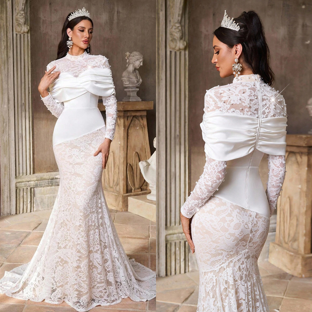 Elegant Mermaid Wedding Dresses Lace Appliques Long Sleeve Bridal Gowns Pearls Beads Customized Plus Size