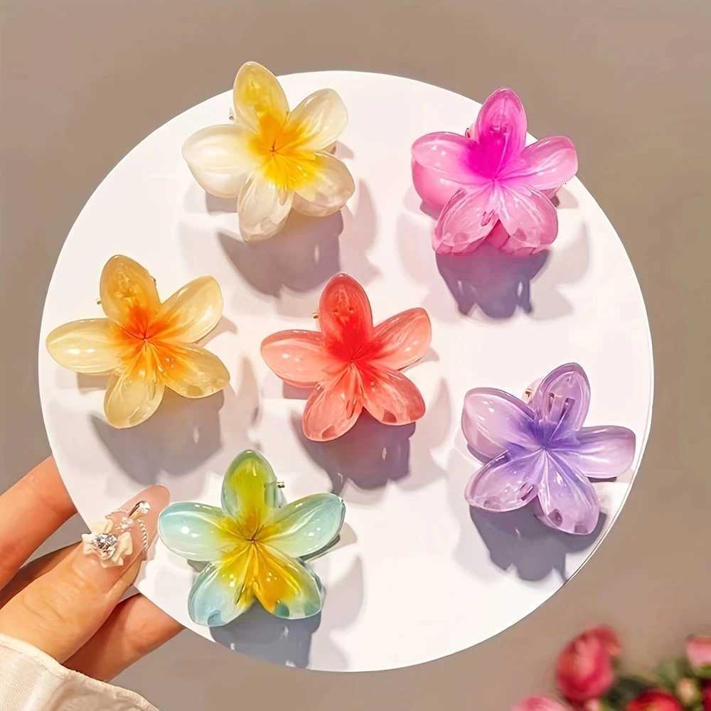 6pcs Hawaiian Gradient Hair Clips Small Flower Hair Claws Crab Barrettes Fashionable Headwear Accessories for WomenW254021