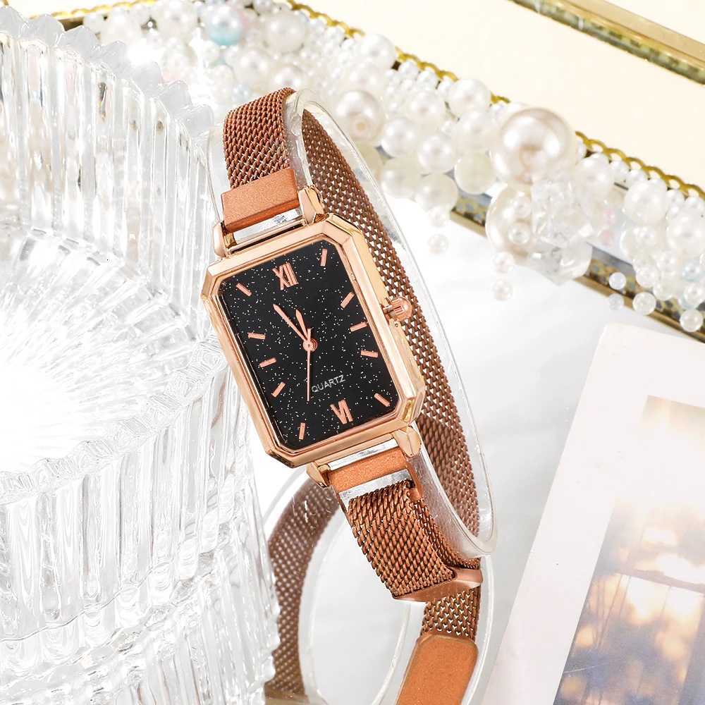 Women es Fashion Square Ladies Quartz Bracelet Set Green Dial Simple Rose Gold Mesh Luxury Women esXJ251021