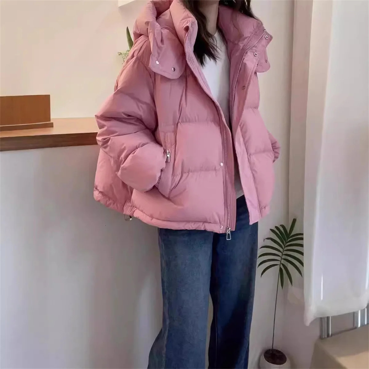 Women Korean Warm Parkas Hooded Winter Oversize Coat Thick Loose Puffer Jacket Female Long Sleeve Solid Fashion Zipper Outwear 251017
