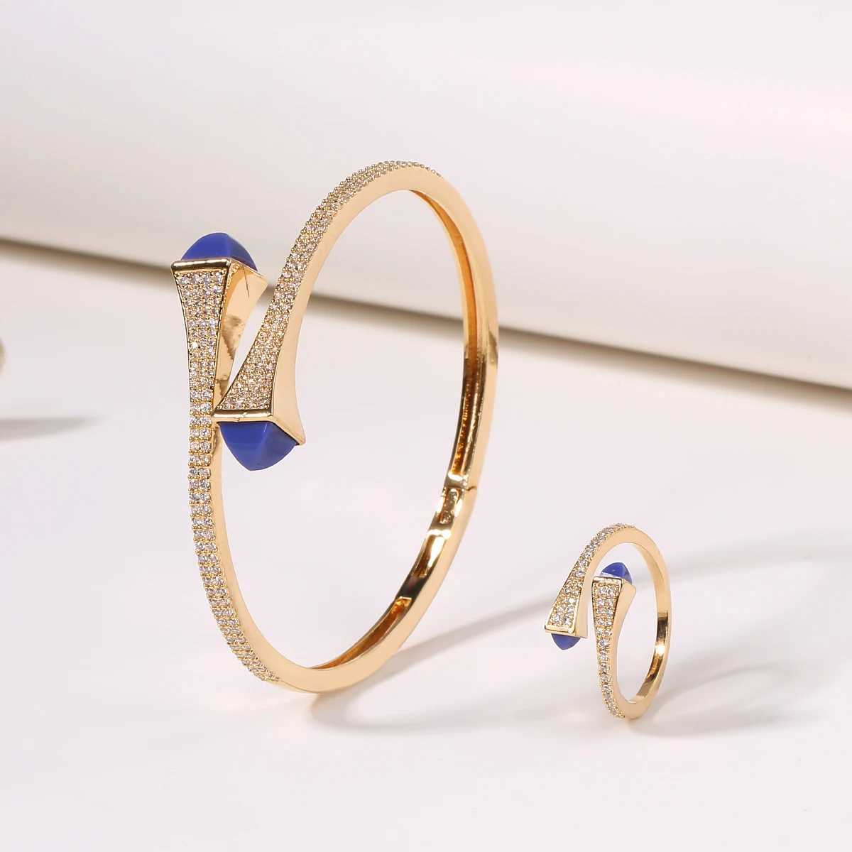 2021 New Romatic Women Fashion 2 Pcs Bracelet Ring Set Candy color stone Simple Design Gold Open Cuff Bangle Ring Jewelry Set J251021