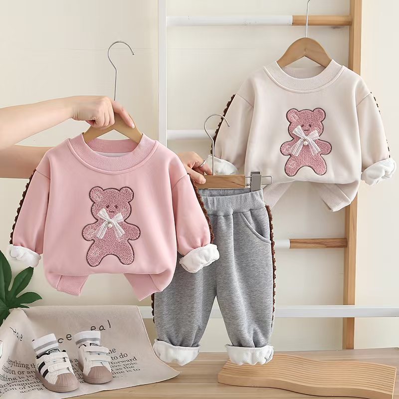 2025 Girls Bear Print Fleece-Lined Set 2-Piece, Adorable Crewneck Hoodie & Pants, Cozy Winter Outfit for Toddler Girls