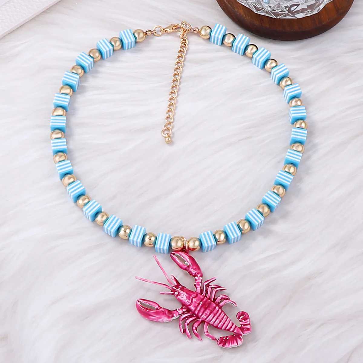 Trendy Bohemian Beach Colorful Handmade Beaded Alloy Lobster Pendant Necklace XJ250717