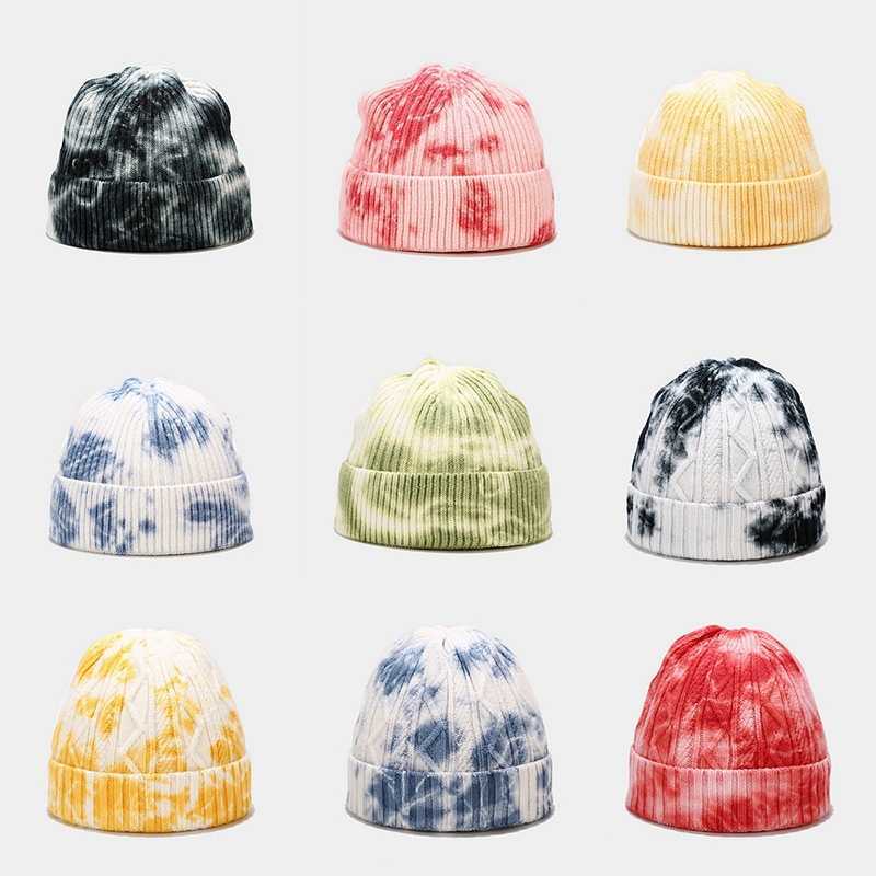 New Tie Dyed Knitted Hat Womens Street Trend Wool Skin Hat Mens Autumn Warm Bean Hat H251020