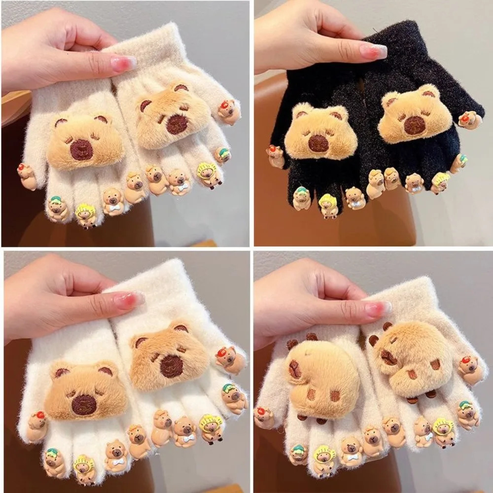 Winter Children Gloves 3D Capybara Plush Gloves Five Finger Coldproof Gloves Outdoors Thick Warm Gloves For Boys Girls 251021