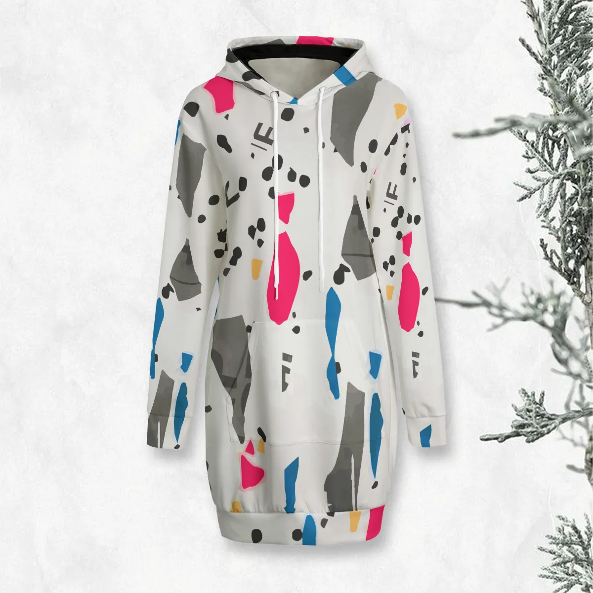 DHgatepod Women's Longline Hooded Sweatshirt Dress - All-Over Print Poly-Cotton Blend Tunic with Kangaroo Pocket