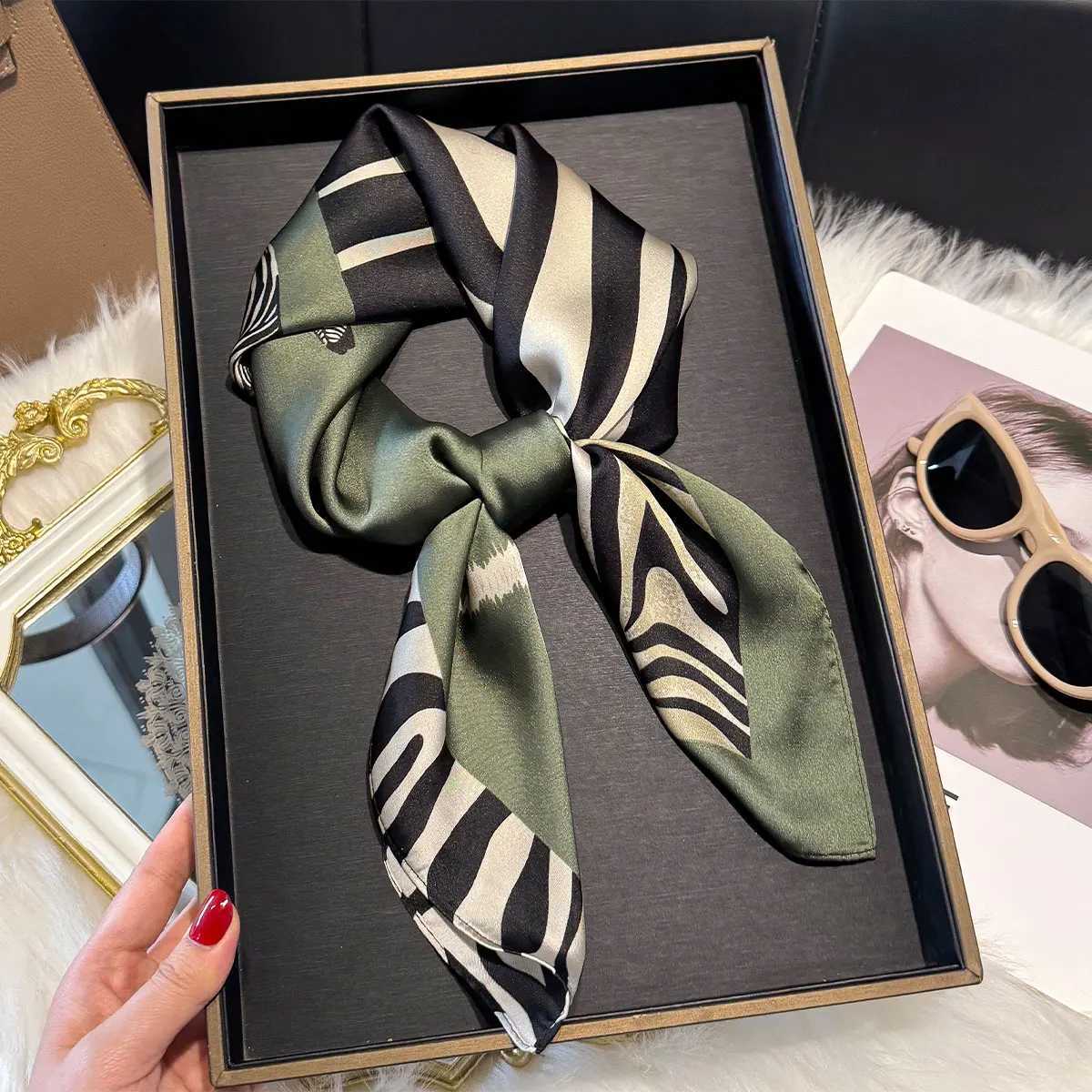 Luxury Leopard Print 7070cm Square Scarf Women Soft Satin Hairband Neckerchief Tie Female Headband Foulard Mothers Day Gift W251021