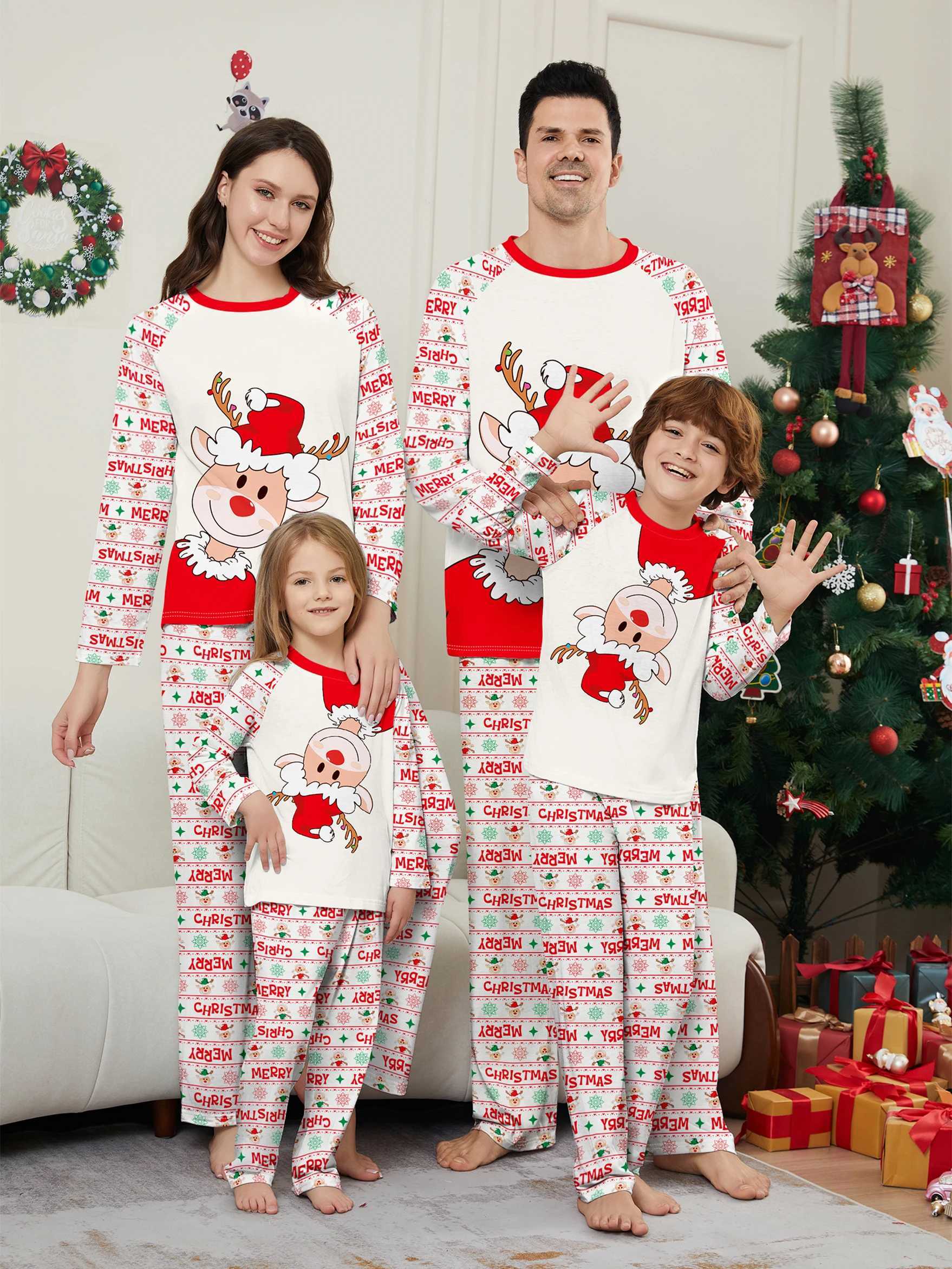 Christmas Family Sleepwear Set Cartoon Reindeer Merry Christmas Print Red White Pajamas L251021GGD7