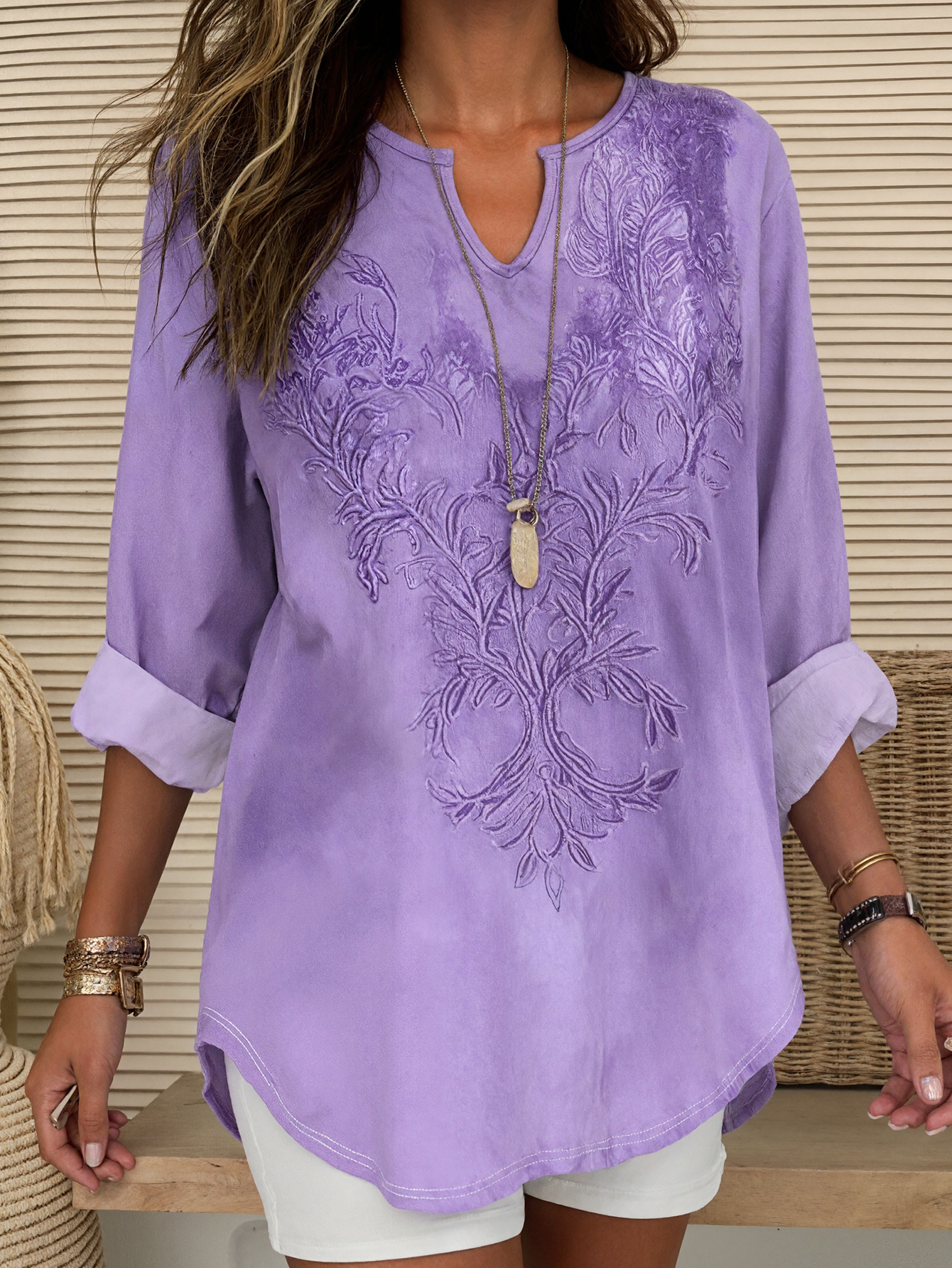 Women's Autumn & Winter Fashion Casual Small V-Neck Purple Plant Printed Long Sleeve Top, Milk Silk Semi-Circular Hem Blouse (S-XXL, Purple)-CF55