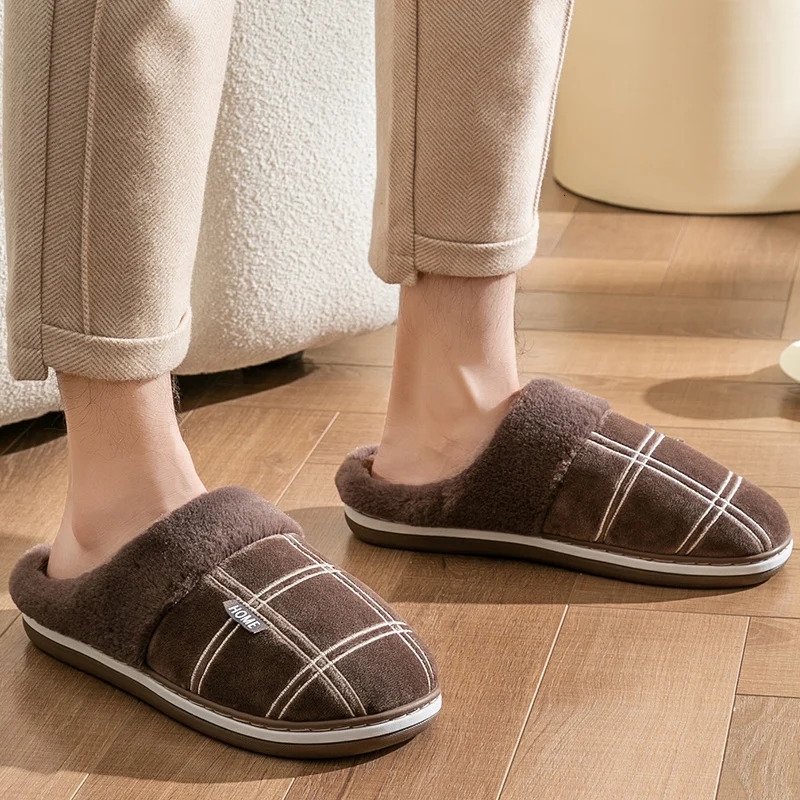 Large size 5051 Plaid House Slippers for Man Memory Foam Winter Plush Indoor Male Shoes Warm Home Slippers Non Slip Black 251021