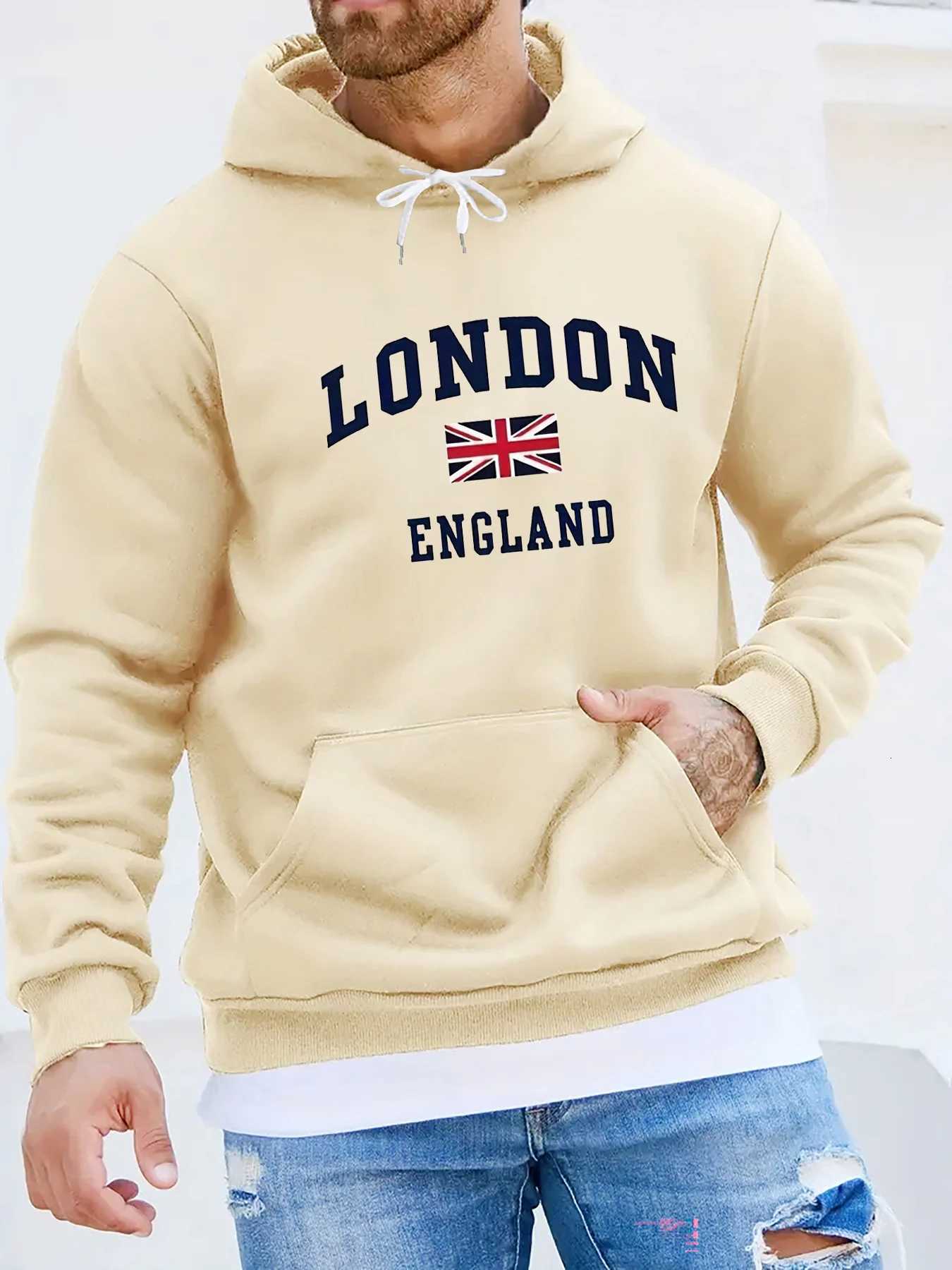 Mens autumn and winter casual fashionable loose hooded sweatshirt London England printed long sleeved warm pullover W251021
