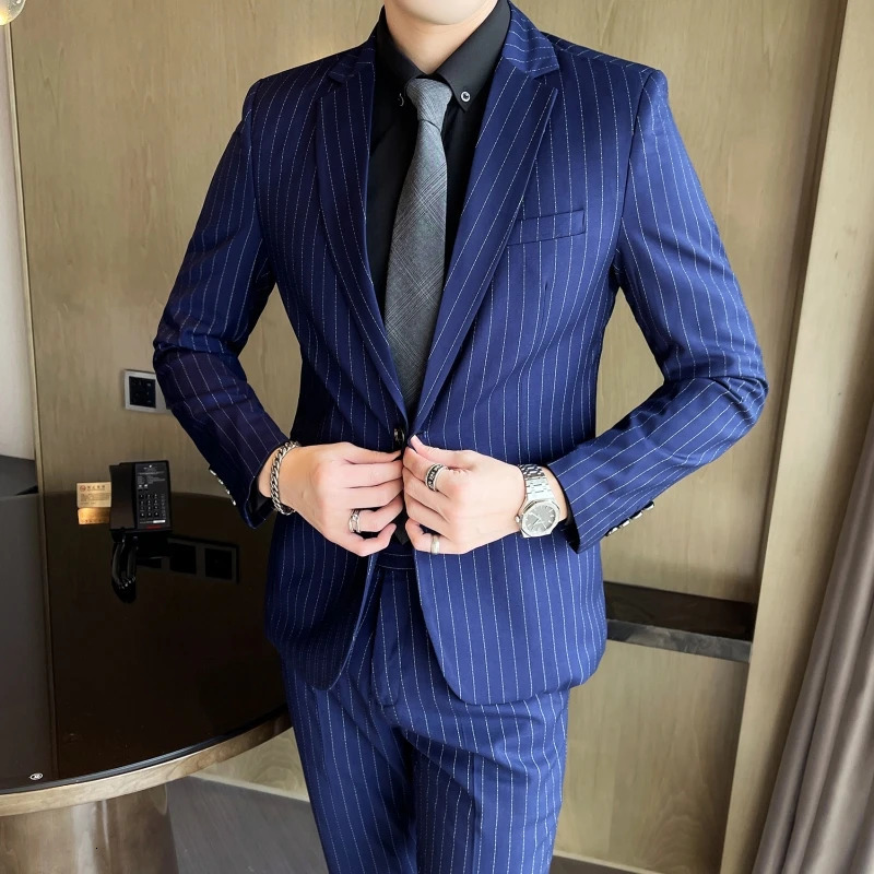 Mens Fashion HighQuality Slim Fit TwoPiece Suit Set Spring Autumn Stripes Business Casual Trousers And Jacket Combo 251021