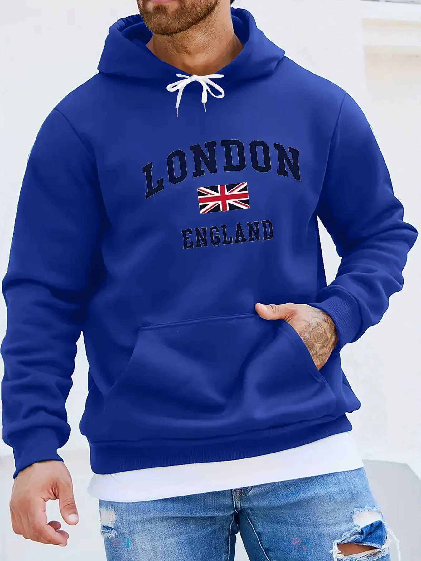 Mens autumn and winter casual fashionable loose hooded sweatshirt London England printed long sleeved warm pullover W251021