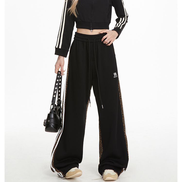 2025 leopard print wool lining designer thickened sports pants autumn and winter new retro hip-hop loose fashion brand striped sports straight leg pan